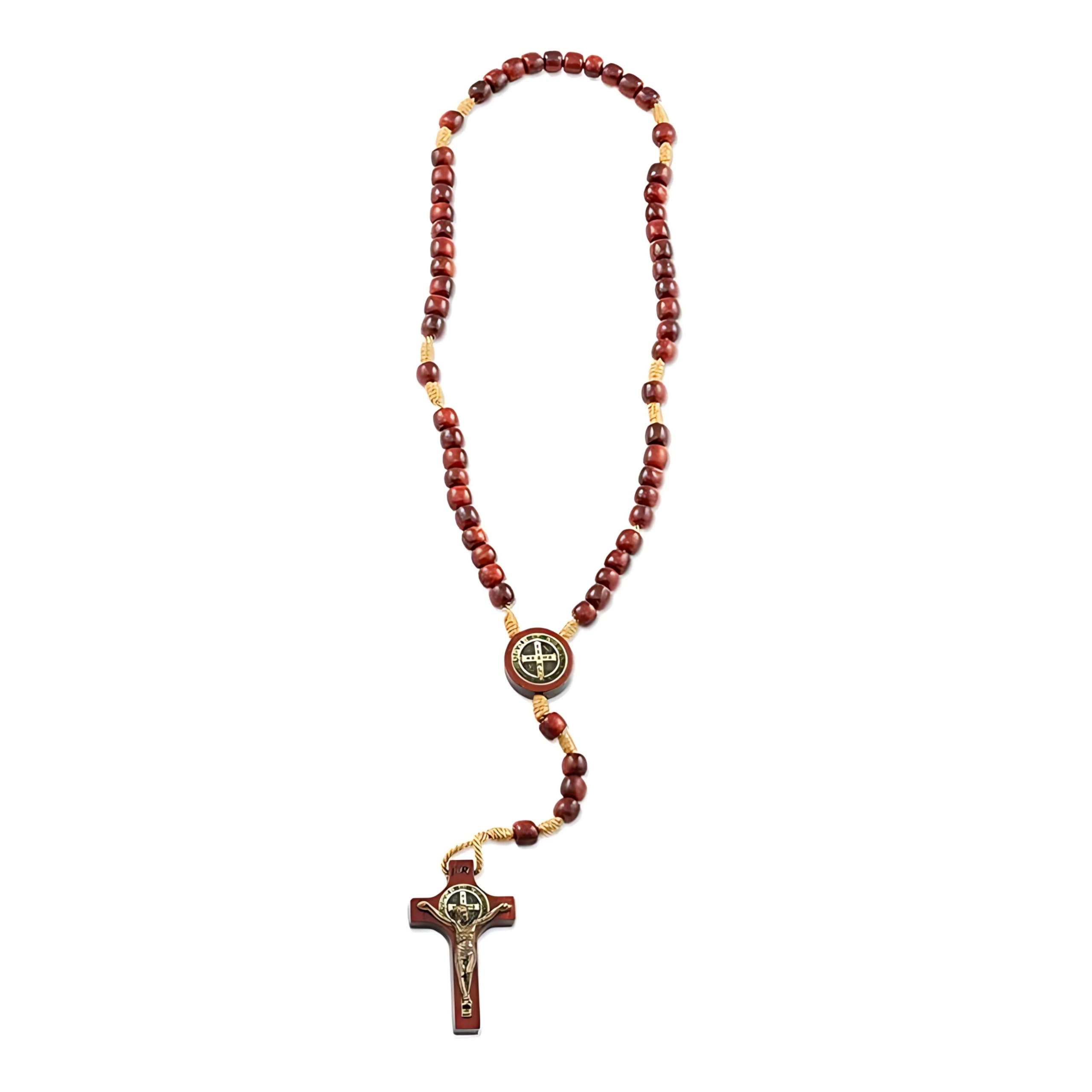 Catholica Shop St Benedict Cherry Wood Mini Pocket Rosary. Prayer Beads for Men and Women Handcrafted in Brazil - 10 Inch Long