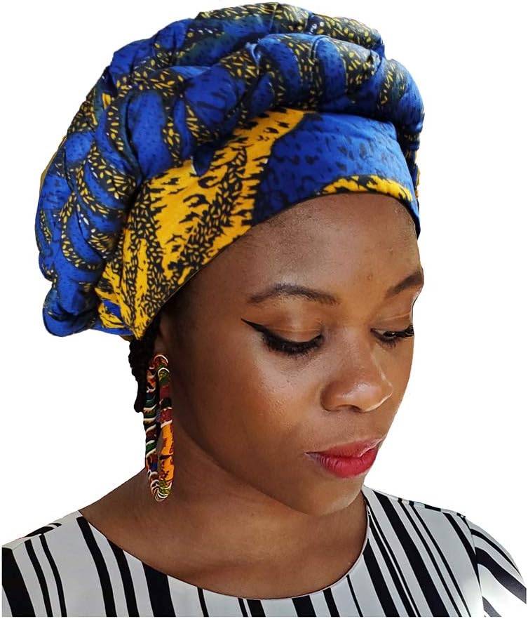 Dupsie's Blue and Gold African Print Modu Hat - Pre-tied Head wrap