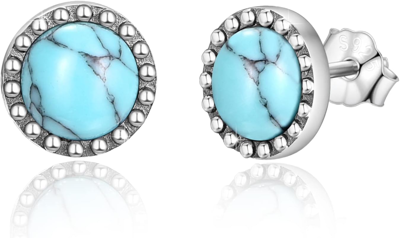 Turquoise Stud Earrings,S925 Sterling Silver Round/Oval Vintage Braids Circle Turquoise Earrings,Blue Gemstone Bohemian Ethnic Tribal Jewelry for Women Graduation