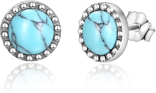 Turquoise Earrings 925 Sterling Silver Circle Turquoise Stud Earrings for Sensitive Ears Turquoise Gemstone Jewellery Gift for Women Daughter Girls, Sterling Silver