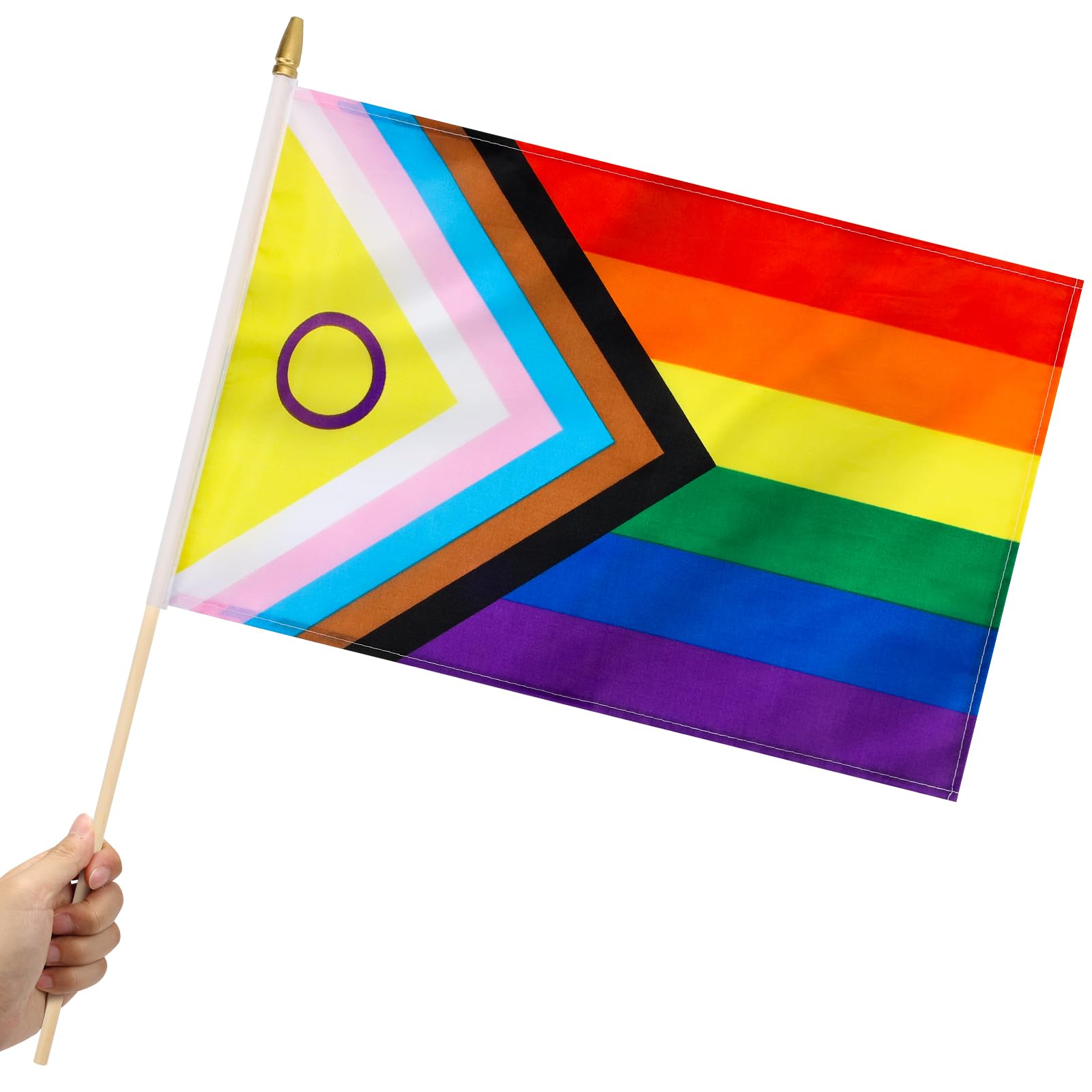 Yingnner 12 Pack New Intersex Progress Pride Stick Flag Small 12x18 Inch Rainbow Gay Hand Held LGBTQ Flags with 24 Inch Wooden Pole Decorations