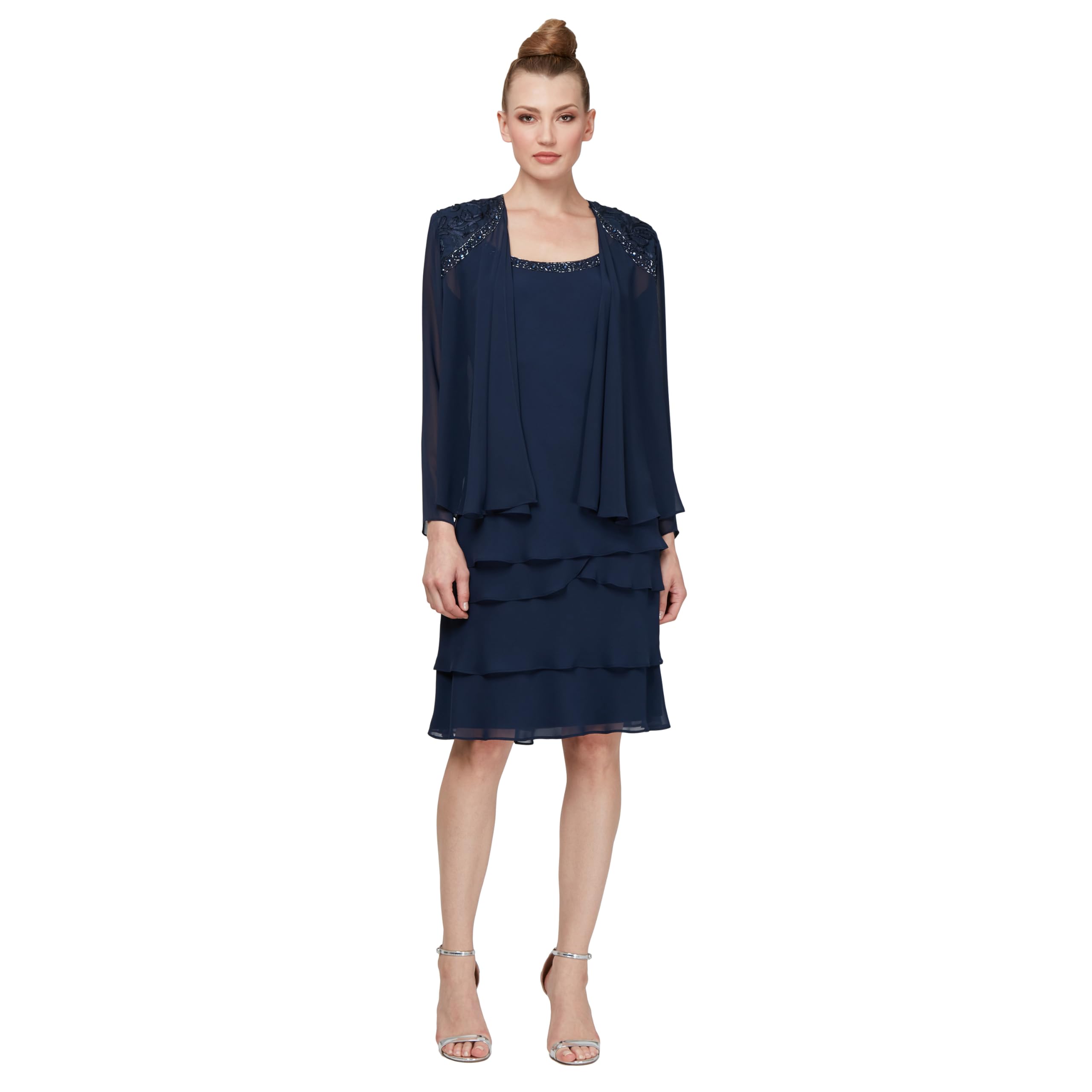 S.L. Fashions Women's Embellished Tiered Jacket Dress (Petite and Regular) Special Occasion, Navy, 10