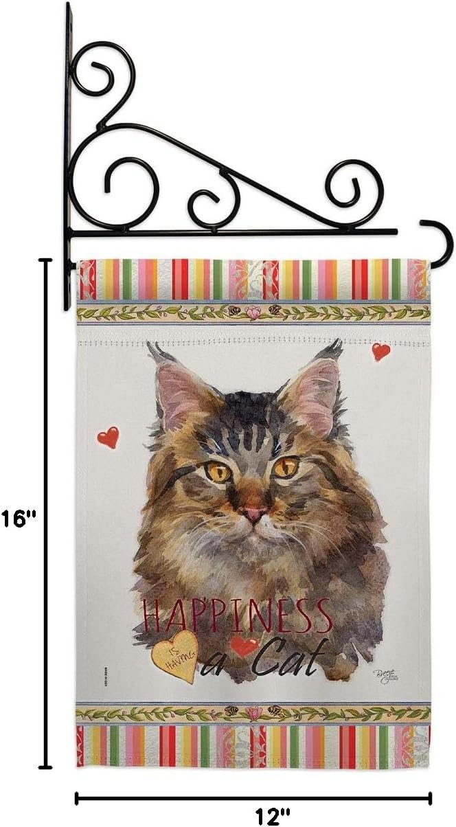 Maine Coon Happiness Garden Flag Set Wall Holder Animals Cat Kitten Meow Spoiled Paw Fur Pet Nature Farm Animal Creature Small Decorative Gift Yard House Banner Made In USA 13 X 18.5