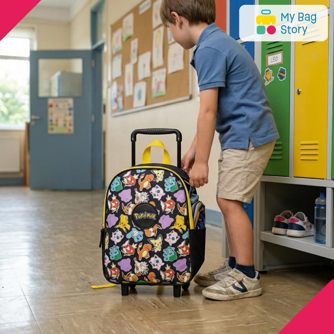 mybagstory | Sac à Dos à roulettes Pokémon 32cm | Cartable Trolley Enfant Pikachu Noir et Jaune | Sac Scolaire Maternelle et Loisirs | Polyester Résistant