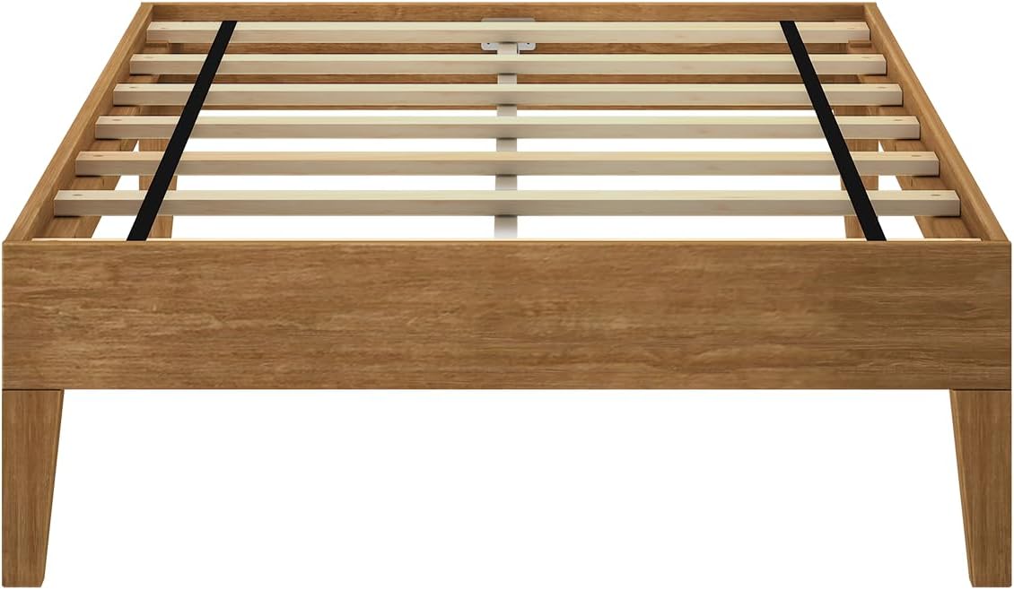Max & Lily Fundamental Twin Platform Bed Frame, Kids Modern Solid Wood Bed, Strong Wooden Slats, Non-Toxic Finishes, Matte Pecan