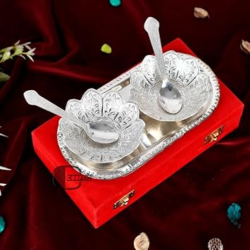 5 Piece German Silver Plated Brass Bowl Set with 2 Spoons & 1 Tray, Velvet Gift Box (Pack of 1)