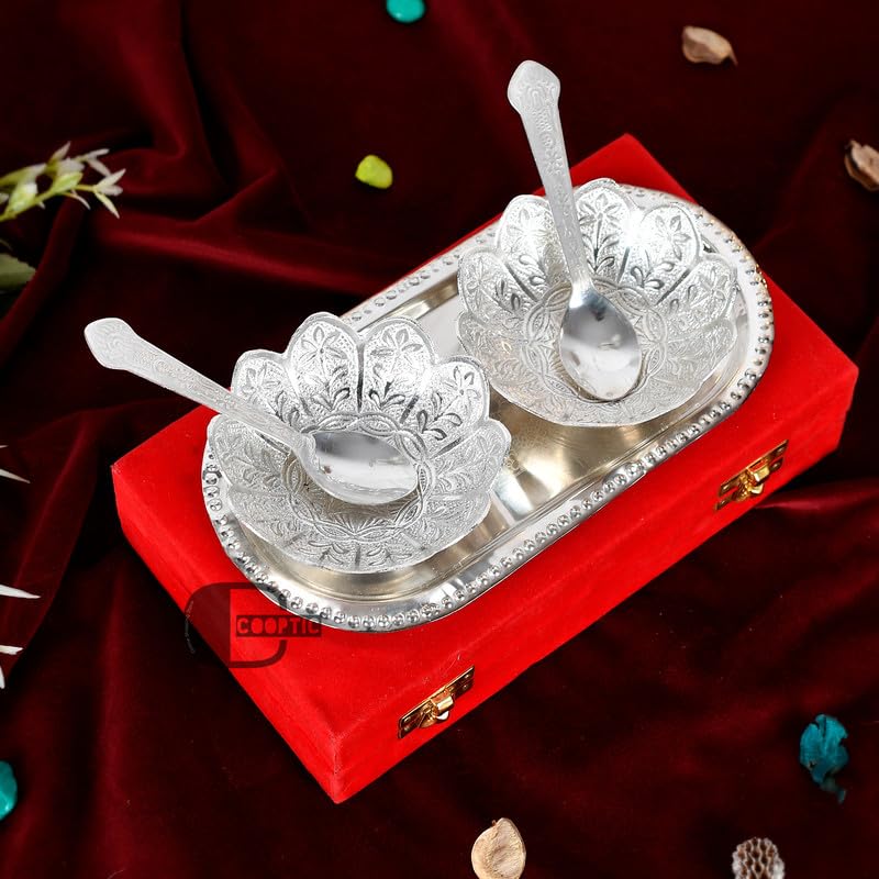Handcrafted German Silver Brass Round Bowl Set with Tray | Bowl Set with Spoon | Luxury Velvet Box | Durable & Reusable | Ideal for Gifting on Festivals, Wedding & Housewarming (Pack of 1)-image-33