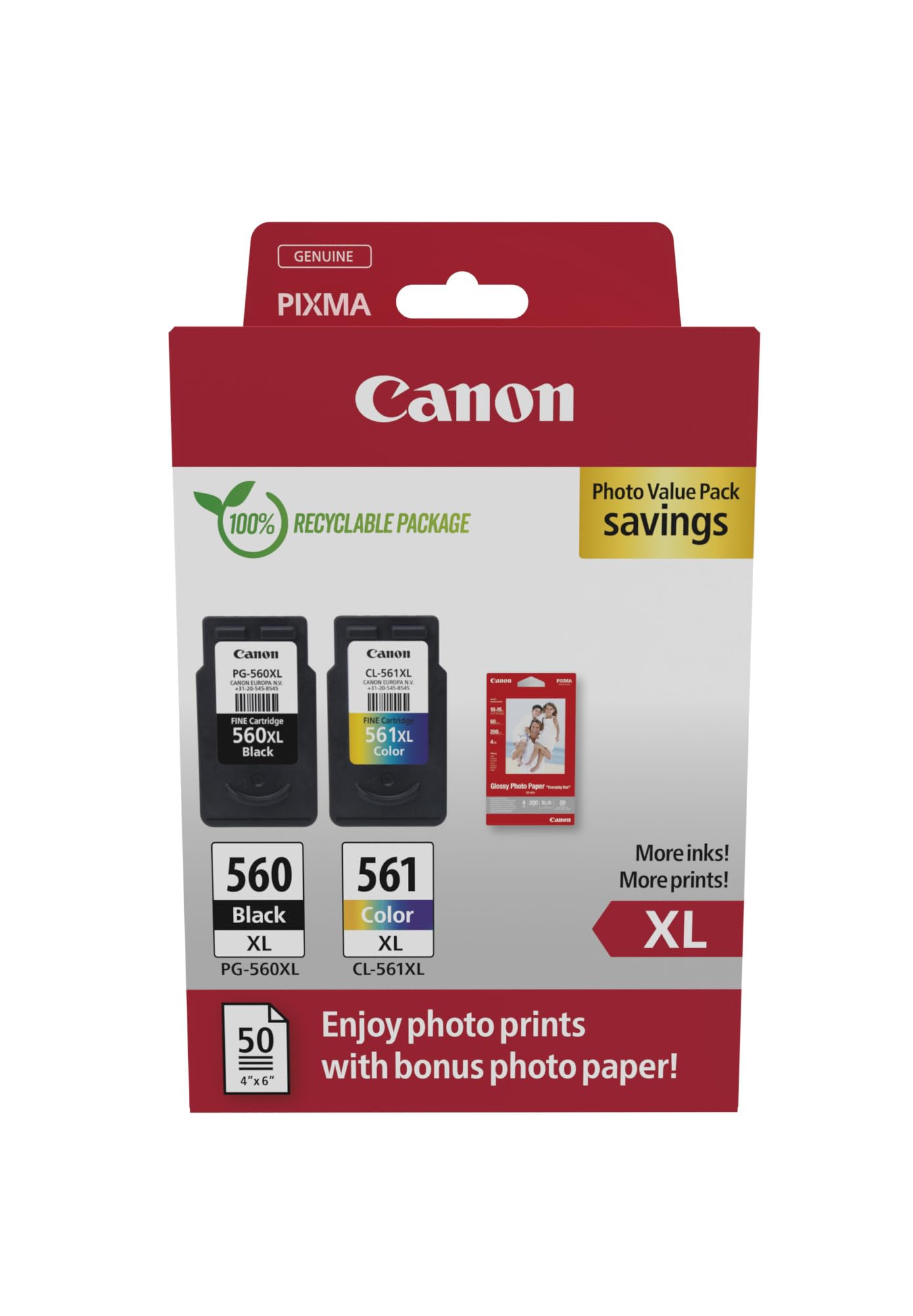 Canon Ink & Paper MultipackPg-560Xl/cl-561Xl Genuine Printer Ink Cartridges 2 Pack (1 X Black Xl1 X Colour Xl) & 4X6 Photo from B&Q