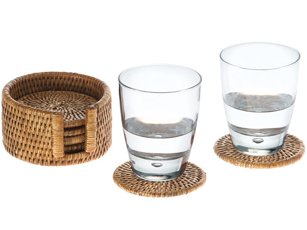 KOUBOO La Jolla Round Rattan Holder (Set of 6)-Drink Absorbent, Woven & Boho, Honey Brown Coasters