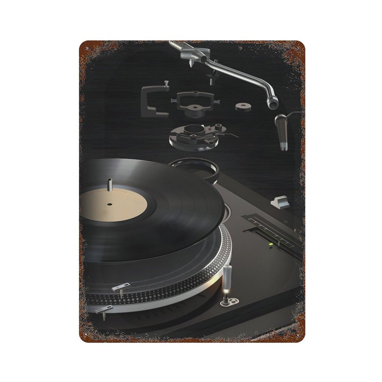 Vinyl Turntable Dissection 15.7"x11.8" Rusty Metal Tin Sign, Novelty Wall Decor for Cafe, Home Bar And Lounge Decor