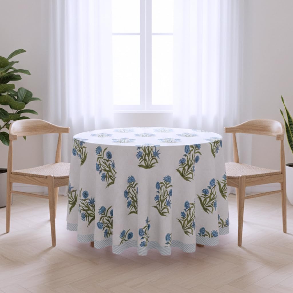 Floral Round Tablecloth, Blue & Green Hand Block Printed Cotton with Striped Border, Handmade Dining Table Cover (60 Inch Round Seats 4)