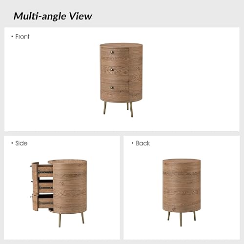 Miniatura 7 de HULALA HOME Mesa auxiliar redonda con 3 cajones de almacenamiento, mesa auxiliar moderna de mediados de siglo con patas de metal, mesa auxiliar