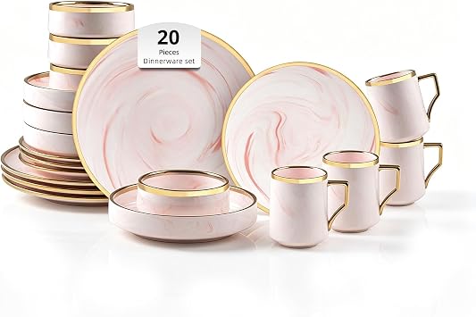 20 Piece Plates and Bowls Sets, Fine China Artisan Marbled Dinner Set for 4, Dishwahser Safe, Scratch Resistant, Pink with Gold Line