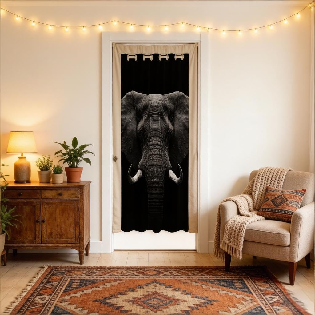 Elephant Door Curtain for Doorway Privacy 150x203cm 3D Wild Animal Pattern Window Treatments Home Decor Ethnic Elephant Black 30%-50% Room Darkening Blackout Curtains for Couch Living Room Bedroom โ image 1