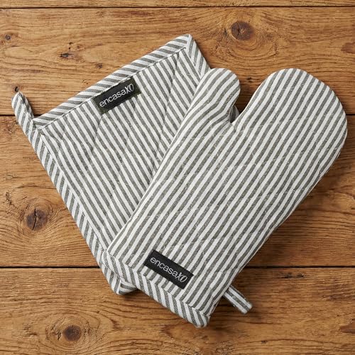 Image of Encasa XO Heat Resistant 100% Cotton Oven Glove & Potholder Set with Loop, Kitchen Cooking Mittens, Microwave Safe Hot Pads (Ticking Black)