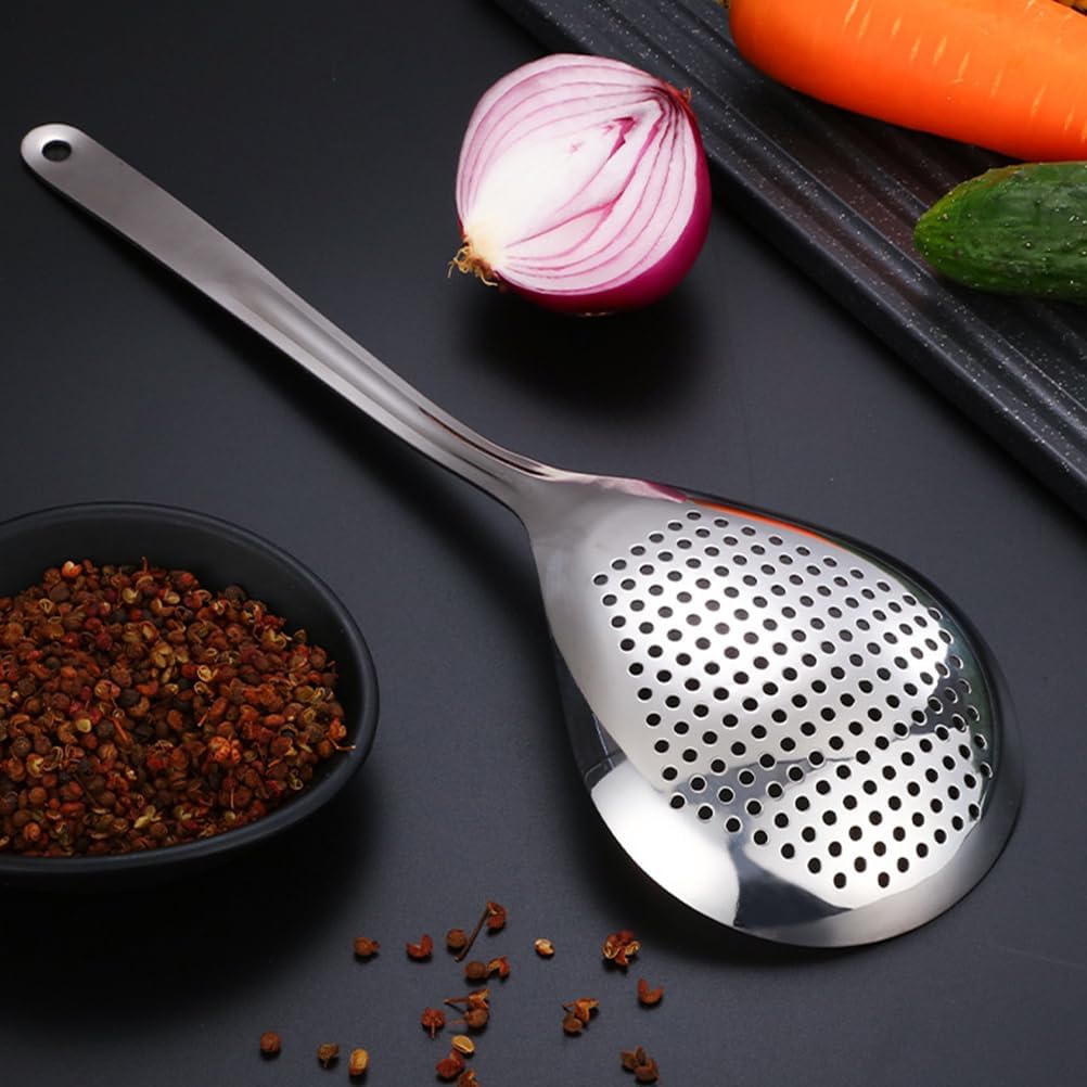 Hemoton Stainless Steel Skimmer Slotted Spoon for Frying and Hot Pot Cooking 13.93 Inch Large Strainer Ladle for Oil Draining and Food Scooping