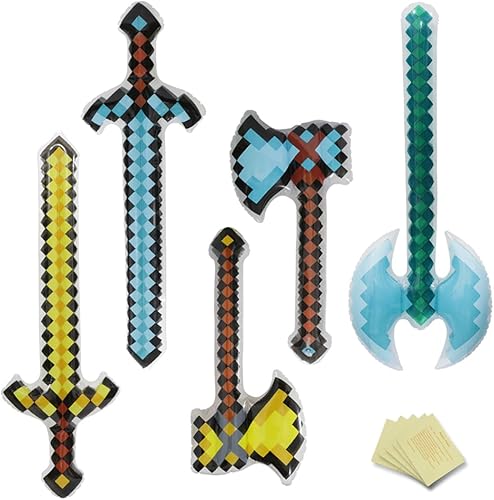 Miniatura 1 de Paquete de 5 unidades únicas con tema de píxeles de PVC inflables de gran tamaño, espadas hachas, hachas, hachas, juguete para fiesta, divertido,