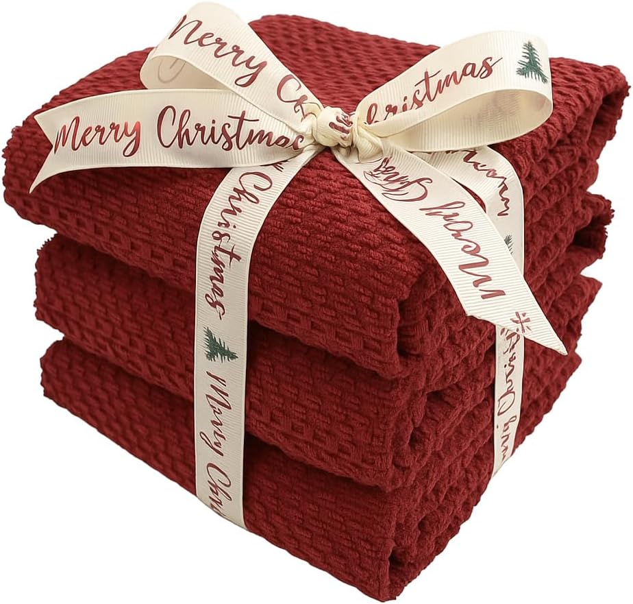 Maroon Dark Red Brick Red Kitchen Hand Dish Towels: Oversized 28" x 18",100% Cotton Cloth Soft Cleaning Drying Absorbent Textured Design, Set of 3 Multipurpose for Everyday Use (Brick Red) - Image 4