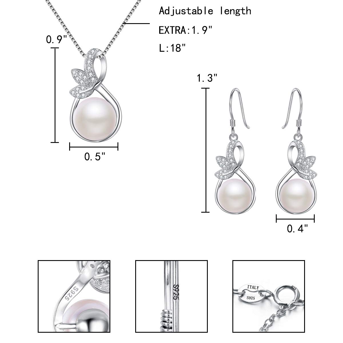 Mujer 925 de Plata Boda Nupcial Cúbica Zirconia Ivory Color Perla Cultivada de Agua Dulce Infinity Hoja Colgante Collar Hook Pendients Serie Claro