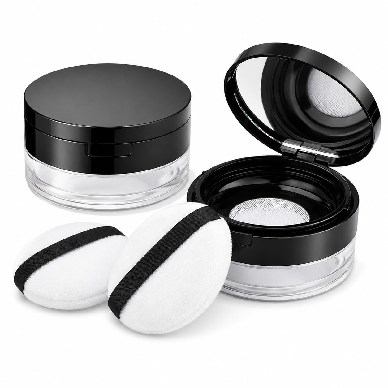 2 Pack Loose Powder Containers with Mirror, Sifter & Puff, Black | 2 empty refillable loose powder boxes with built-in mirrors, sifters and soft puffs for travel, office and daily touch-ups-picture-17