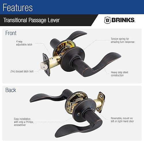 Miniatura 4 de BRINKS Paquete de 6 manijas de puerta de paso interior de transición de bronce toscano - Manija de puerta ondulada sin llave con acabado de bronce