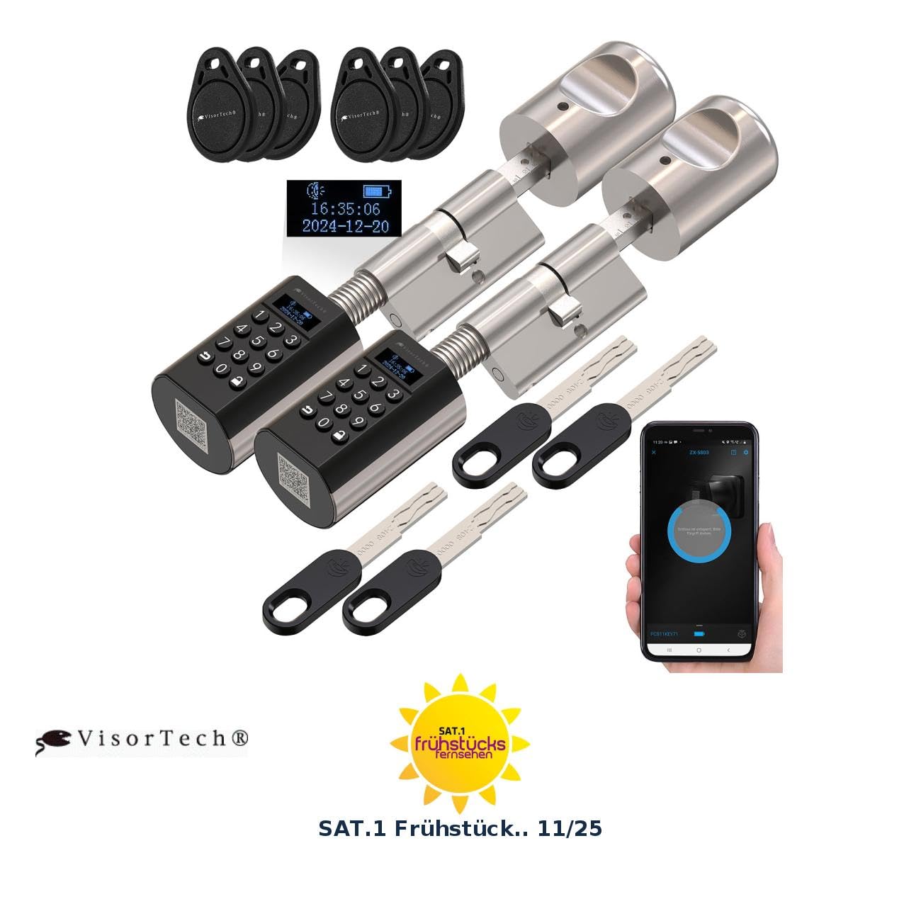 VisorTech Elektronisches Schloss: 2er-Set elektronische Tür-Schließzylinder, Display, Code, Transponder (Türschloss mit Code und Schlüssel, Schloss ZigBee, RFID)