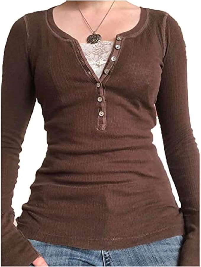 Damen Langarmshirt V-Ausschnitt - Y2K Slim Fit Oberteil