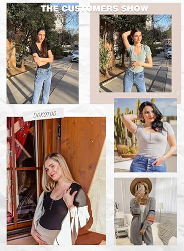 Dokotoo Womens Ladies Summer Basic Ribbed Button Down Low Cut Scoop Neck Solid Color Tight Slimming Fitted Short Sleeve Sports Workout T Shirts For Women Activewear Plain Tee Tops Brown M #TOP4