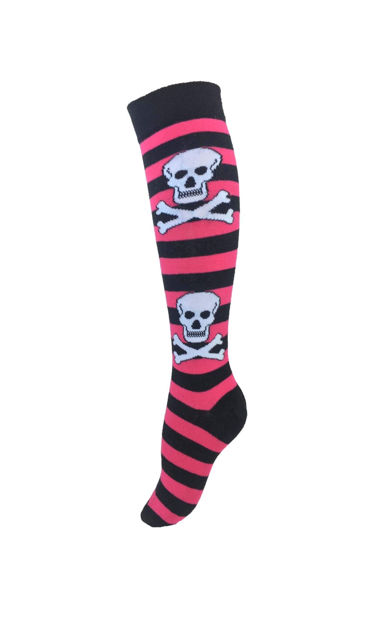 M Macahel Women's Fuchsia Striped Comfy Knitted Knee High Crossbone Skull Cotton Rich Socks Spooky Patterns With Hallowen Gothic Design (Fuchsia)