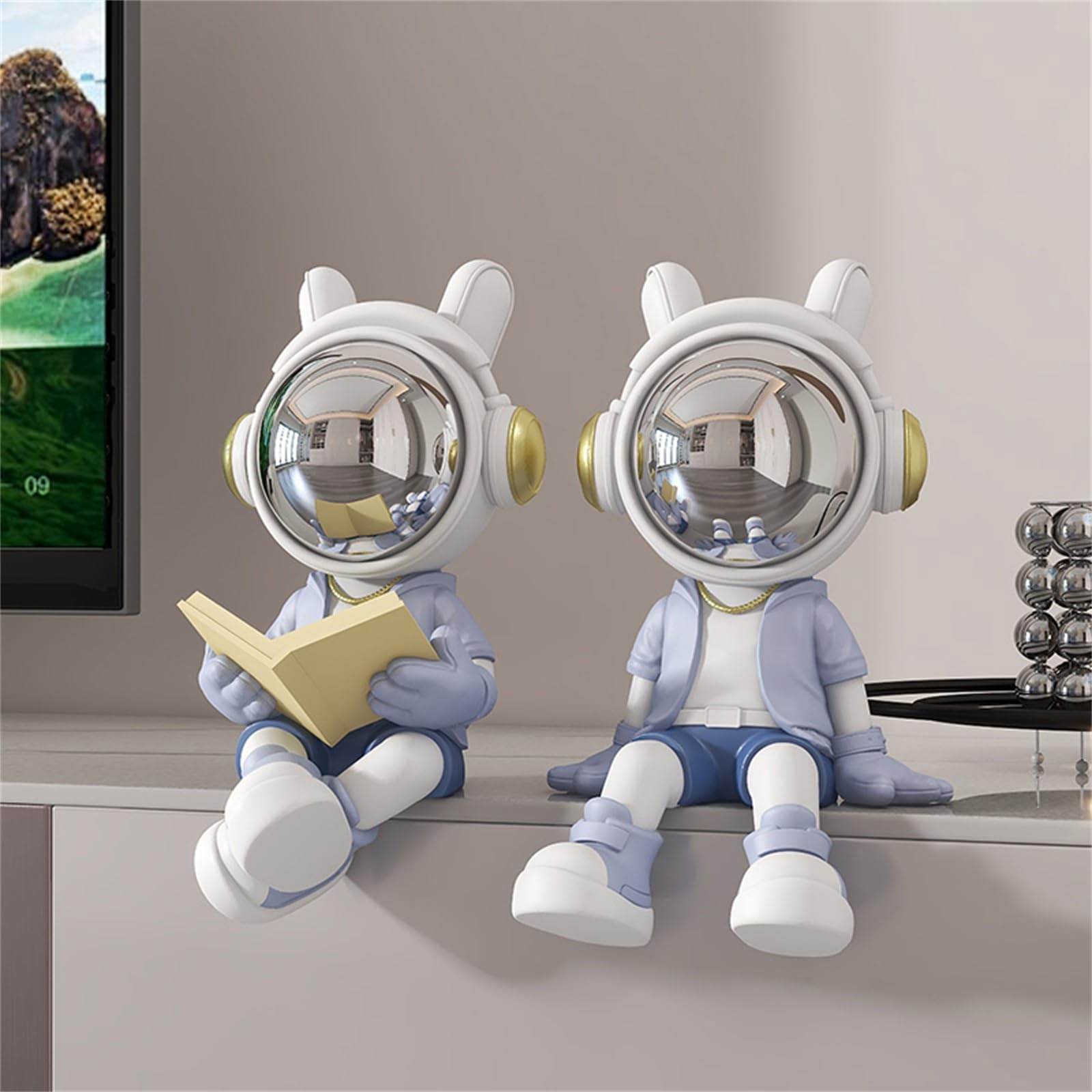 Estatua de astronauta con escultura de hombre espacial, decoración del hogar, sala de estar, oficina, escritorio, decoración de estantería (lectura (naranja) con base)