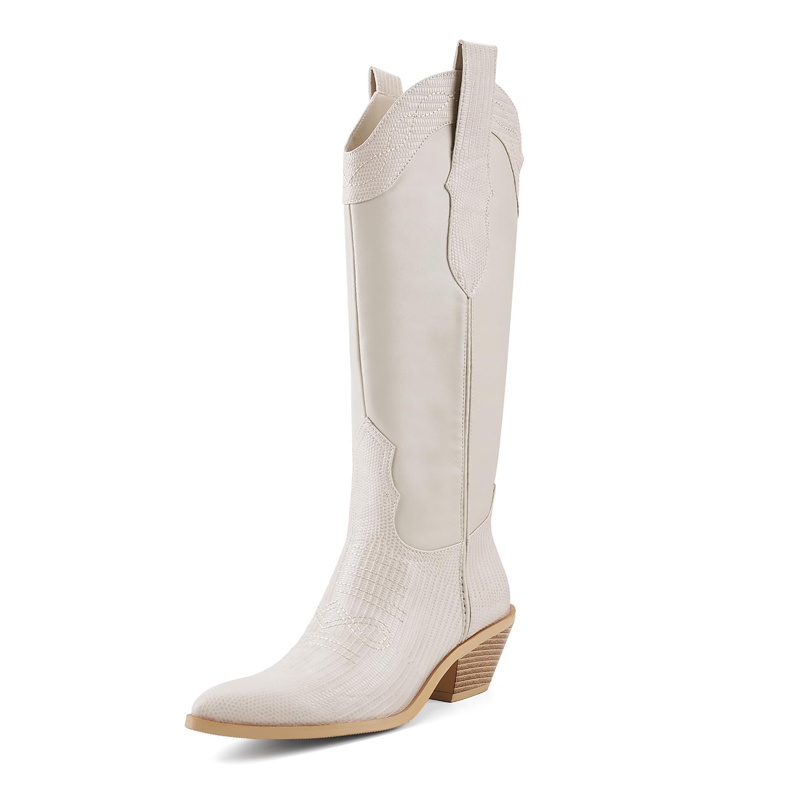 Western Cowboy Boots for Women Knee High Cowgirl Boots Pointed Toe Chunky Block Heel Fashion Retro Classic Pull