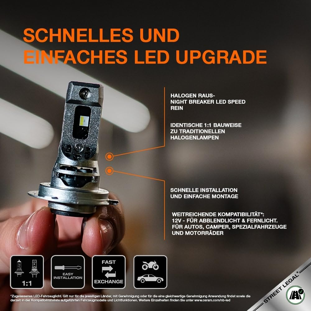 OSRAM NIGHT BREAKER LED SPEED H7 450, LED-Fern- und Abblendlicht, 6000K, 450% mehr Helligkeit, Straßenzulassung