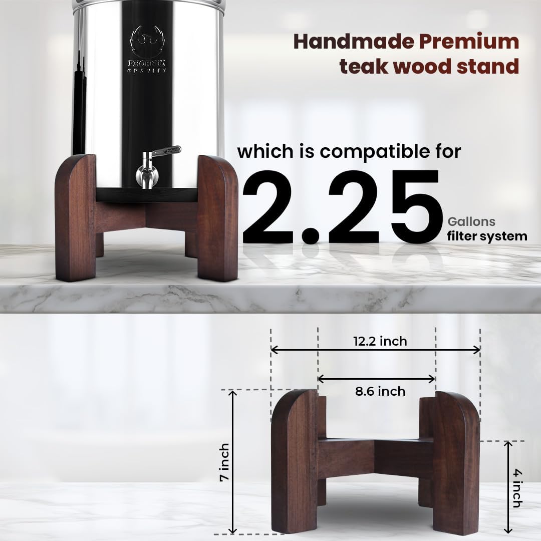PHOENIX GRAVITY Handmade Premium Teak Wood Stand - Specially Designed for 2.25 Gallons Water Filtration Systems Compatible with Berkey, Waterdrop, Purewell & Other Countertop Water filter systems