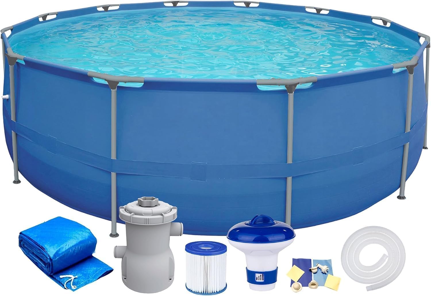 Piscina da giardino rotonda con struttura in acciaio, 300 x 76 cm, kit completo con pompa filtrante e coperchio dispenser di sostanze chimiche, piscina fuori terra per patio o giardino