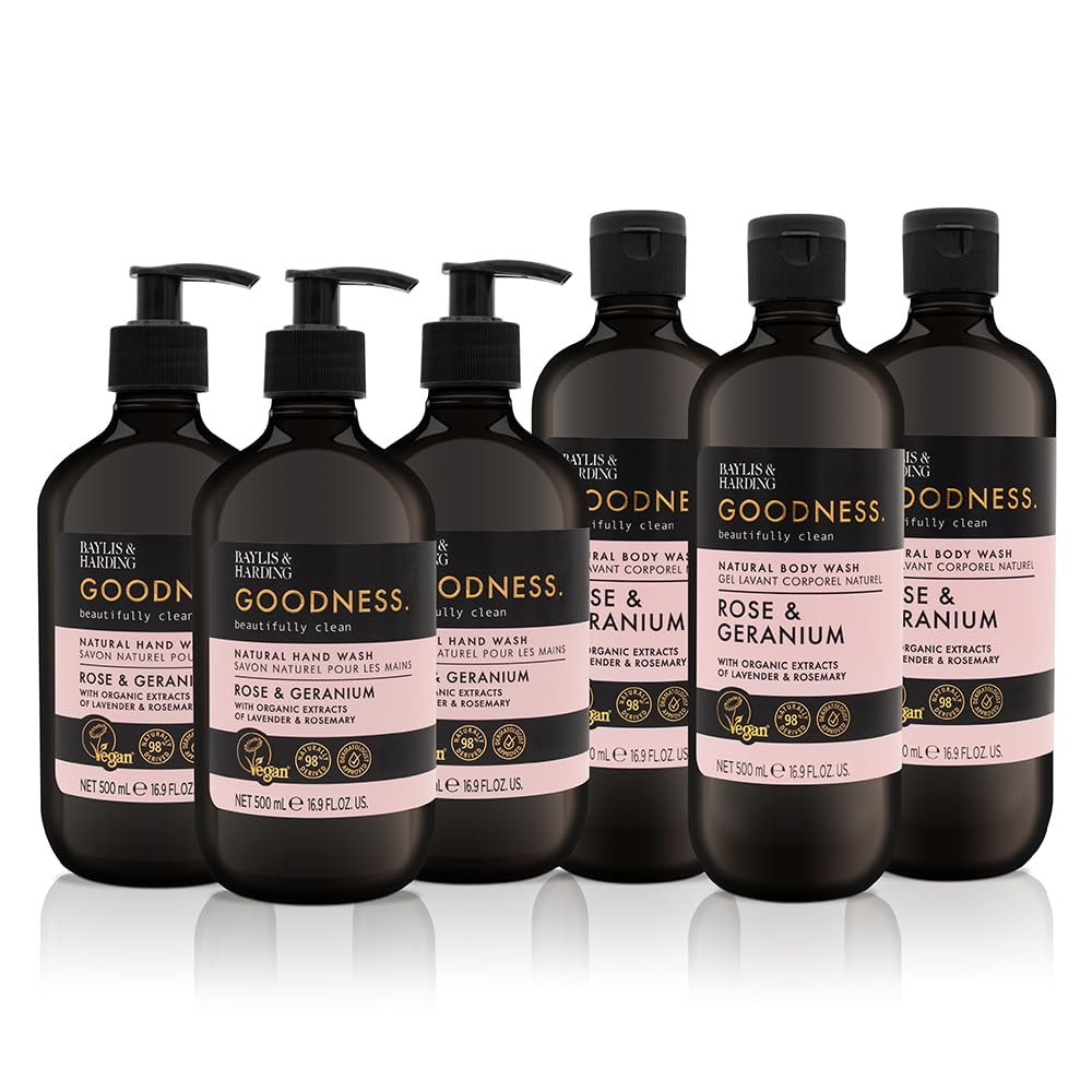 Baylis & Harding Goodness Rose & Geranium Toiletries Bundle: 3 x 500 ml Hand Wash & 3 x 500 ml Body Wash (6 bottles) - Vegan Friendly