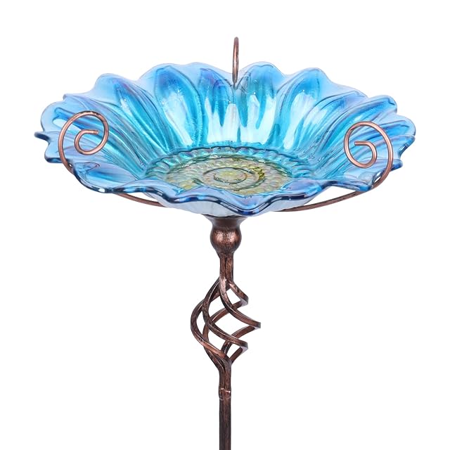 MUMTOP Baño de pájaros para jardín, Cuenco de Cristal con estaca de Metal para decoración de jardín (Azul)