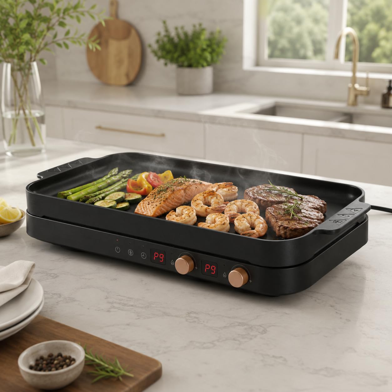 COOKTRON Portable Induktionskochfeld 2 Brenner 2800W Doppelinduktionskochfeld mit abnehmbarem Eisen Guss Grillpfanne Antihaft Kindersicherung