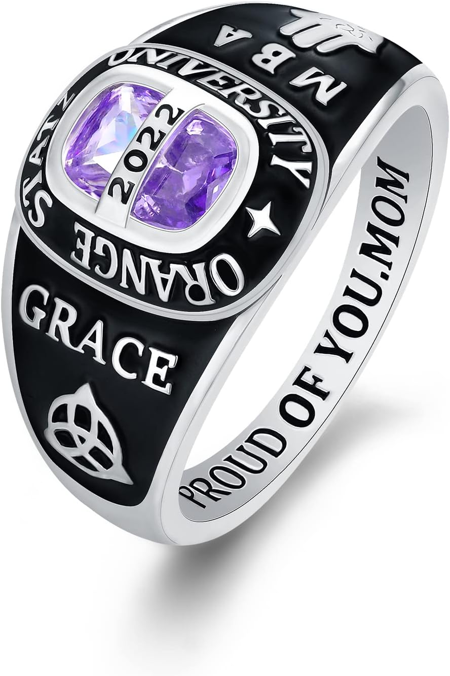 Customizable class ring for women high school and college, sterling silver, birthstone, square stone ring - Jour Nouveau Jewelry