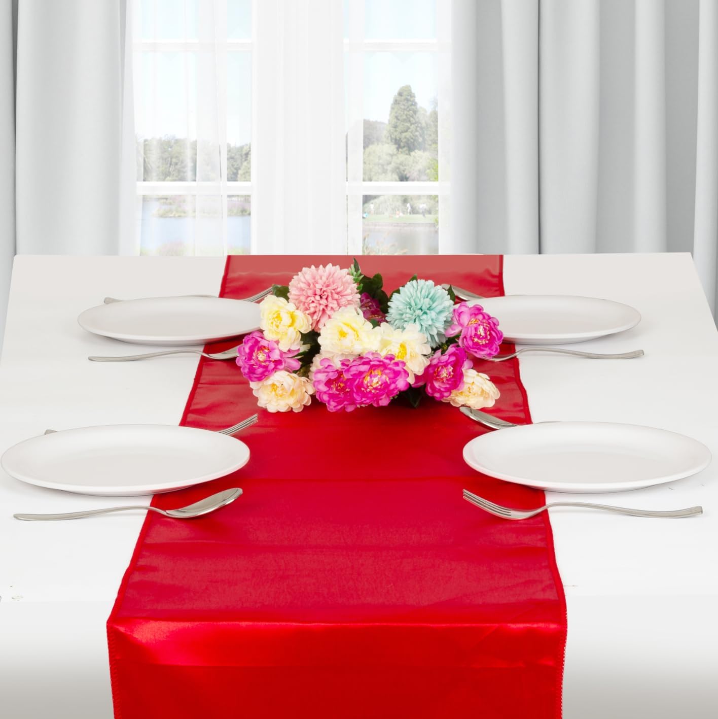 12 Pack Red Satin Table Runner 12 x 108 Inches Long, Bright Satin Silky Smooth Table Decor for Birthday Party Decorations Wedding Banquets
