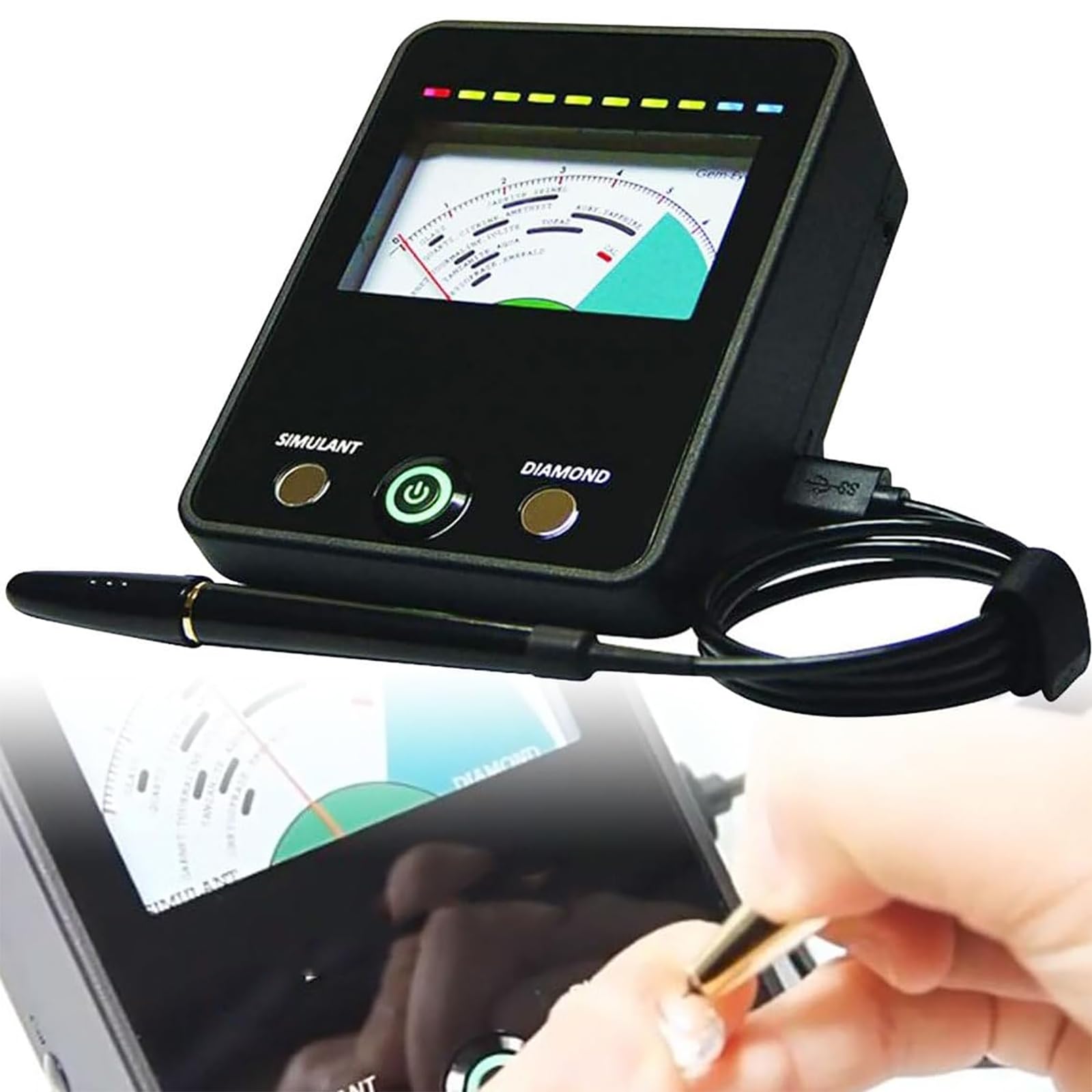 Tester professionale per diamanti e pietre preziose con pannello puntatore, indicatore luminoso e sonda retrattile per test accurati dei gioielli