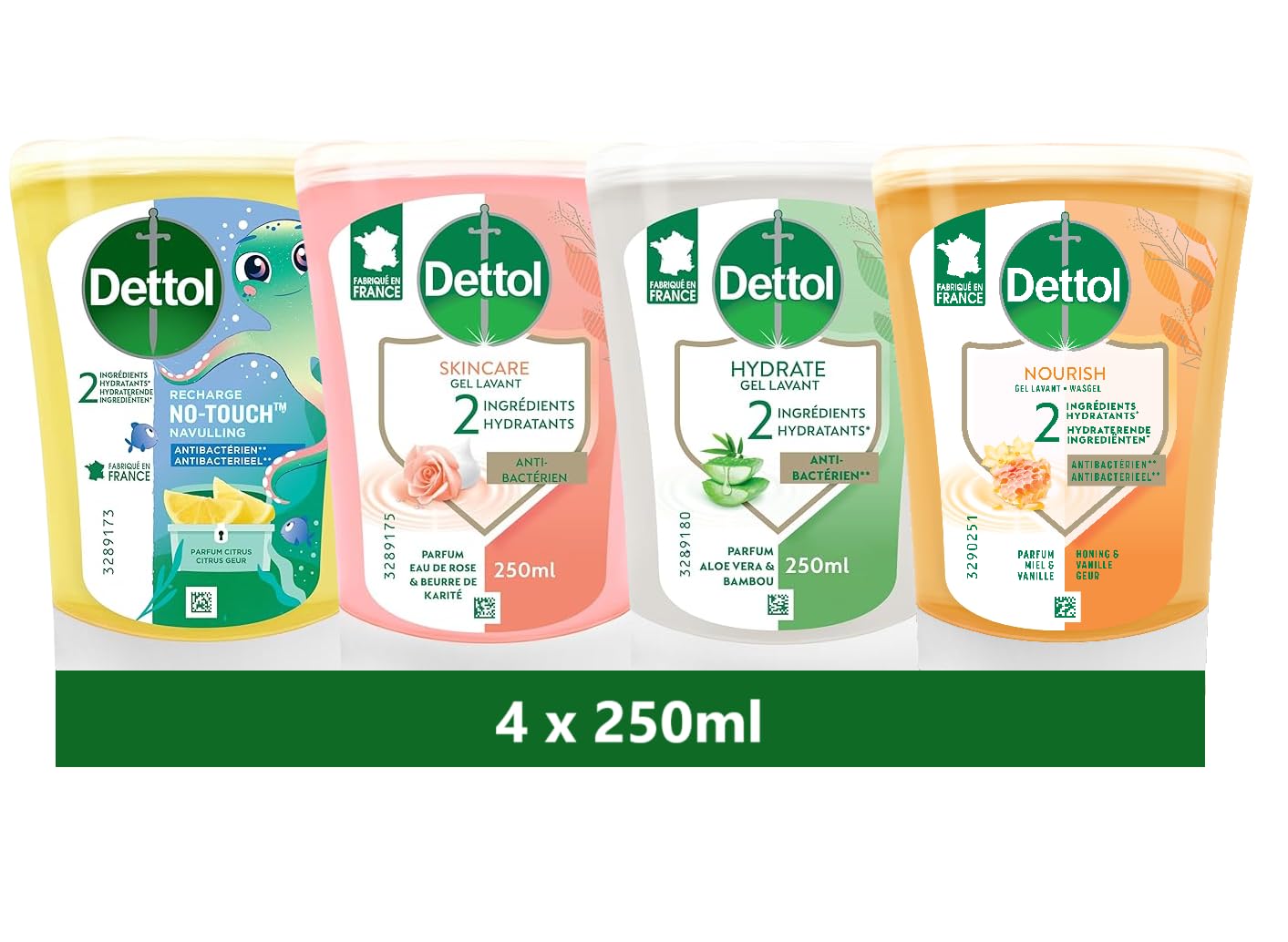DETTOL - 4 Recharges No-Touch Savon Liquide Mains 250 ml - Miel & Vanille, Citron, Eau de Rose & Beurre de Karité et Aloe Vera & Bambou