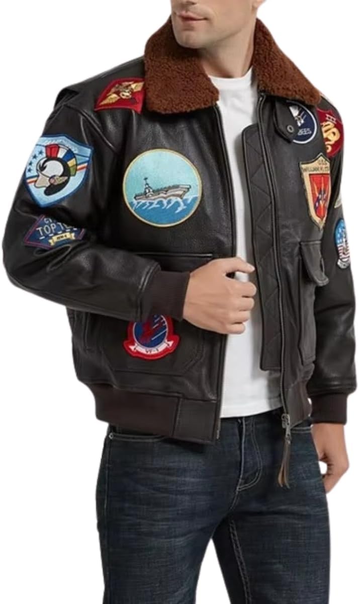 Mens Top Aviator USAAF Pilot Flying Tom Multiple Patches G1 Bomber Jacket Fur Collar Brown Bomber Leather Jacket - Image 2