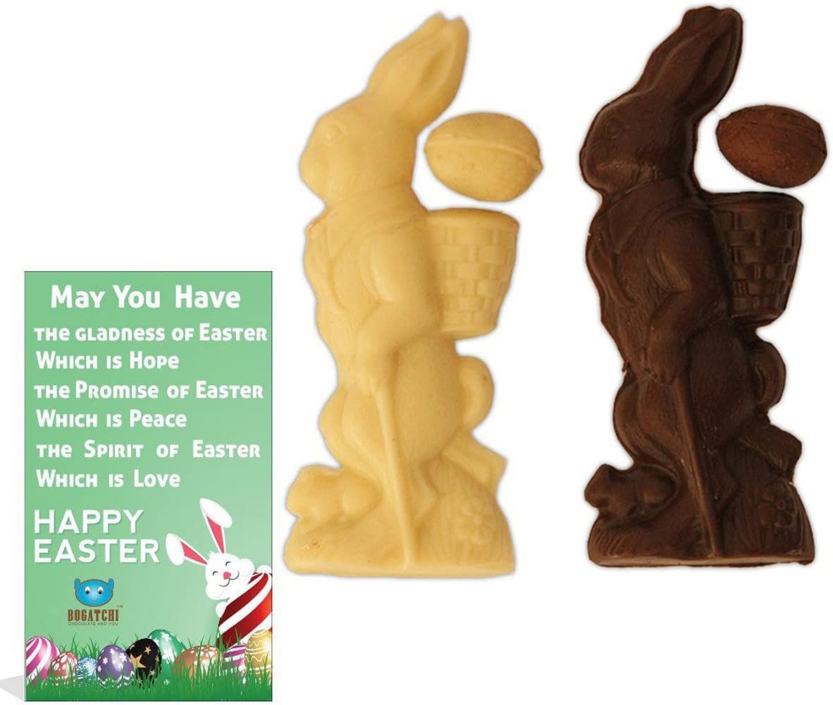 BOGATCHI Dark and White Chocolate Big Bunnies, Set of 2 Chocolate Bunnies with Easter Eggs, Happy Easter Chocolates + Free - Happy Easter Greeting Card