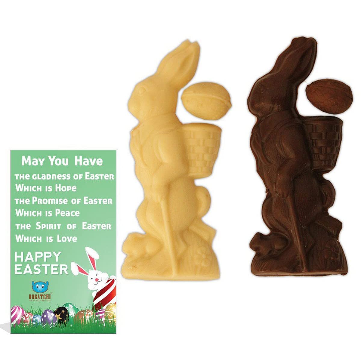 BOGATCHI Dark and White Chocolate Big Bunnies, Set of 2 Chocolate Bunnies with Easter Eggs, Happy Easter Chocolates + Free - Happy Easter Greeting Card