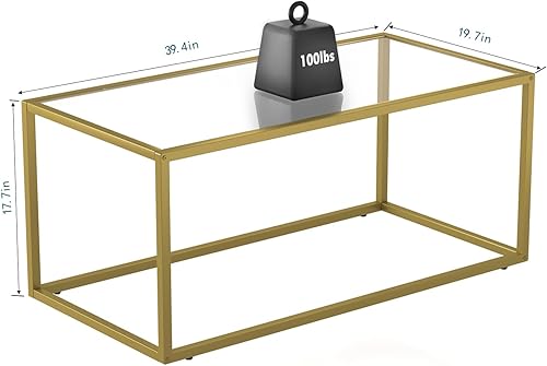 Miniatura 2 de SAYGOER Mesa de centro dorada de cristal, mesa central rectangular moderna, mesa de sofá minimalista simple para sala de estar, oficina en casa,