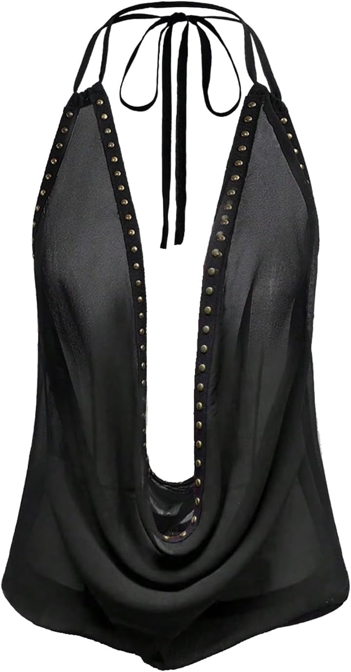 MakeMeChic Women's Going Out Cowl Neck Tops Rave Open Back Backless Top Sheer Mesh Halter Top