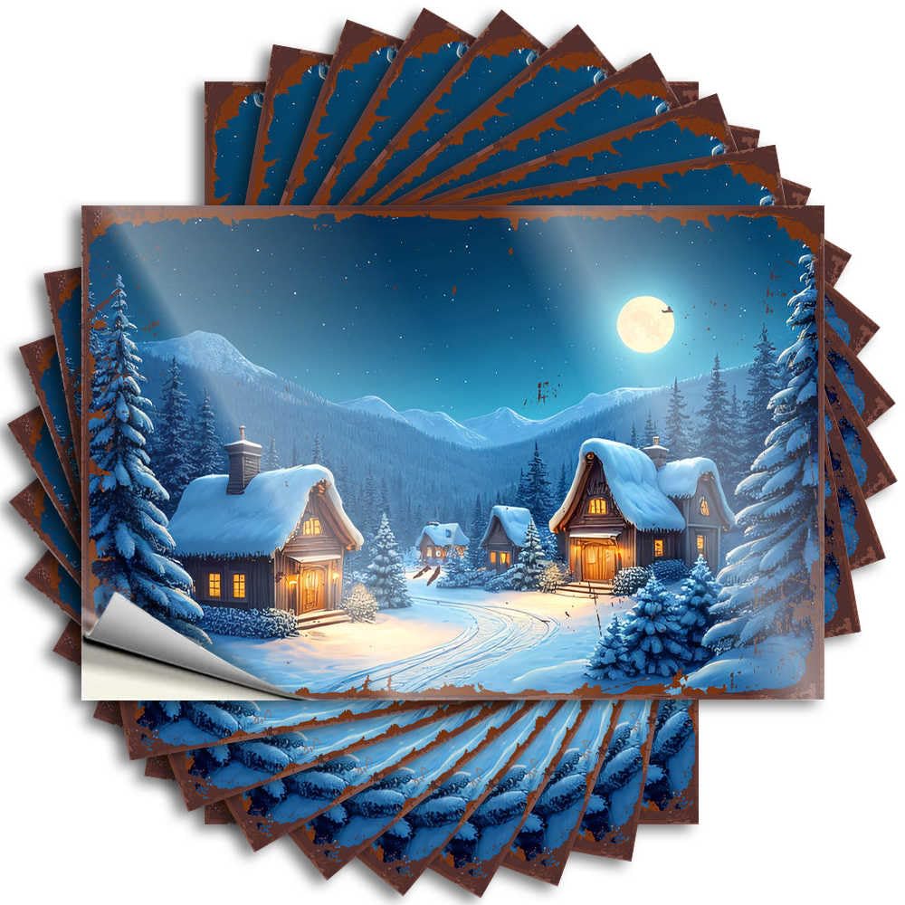 Snowy Mountain Village Under A Full Moon Love Decal | Funny Bathroom Decor Waterproof Vinyl Window Outside Removable Decal Peel Stick(6X9CM)