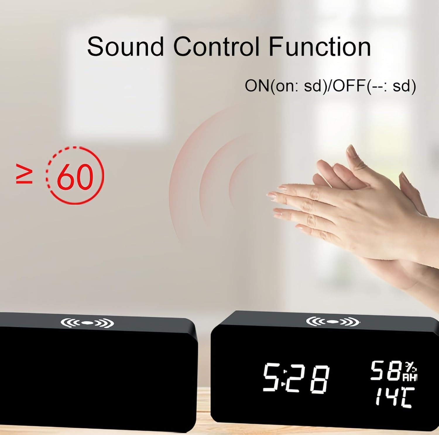 Alarm clock with sound control function activated by clapping hands