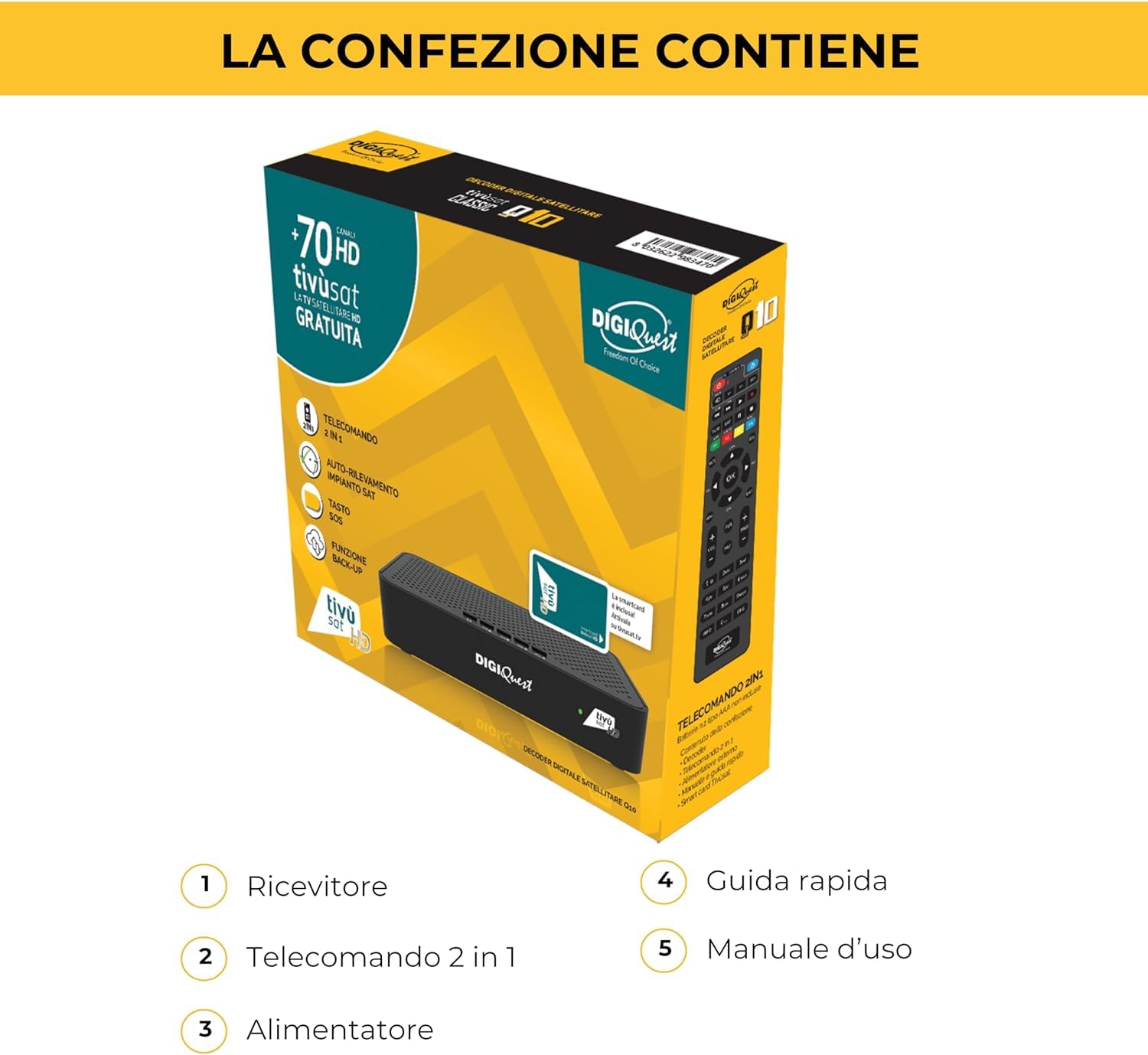 Decoder Satellitare FULL HD con tessera Tivu Sat CERTIFICATO UFFICIALE CON TESSERA Tivù SAT INCLUSA, DVB-S2 HEVC H265 MAIN 10,Telecomando Universale 2 in 1 per il ricevitore e la TV