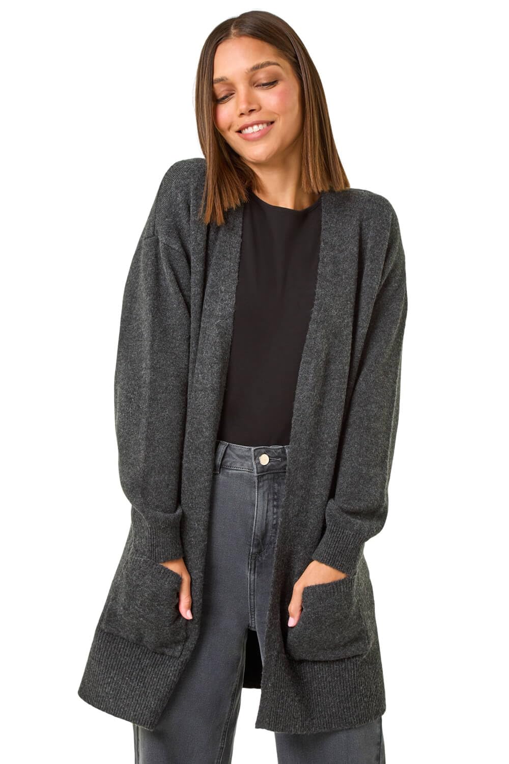 Roman Originals Women's Charcoal Soft Knit Longline Cardigan For Uk - Everyday Autumn Winter Comfy Soft Evening Vacation Work Party Night Out - Size 14